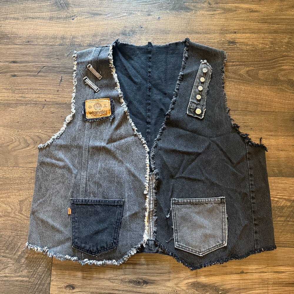Handmade Vintage Upcycled Orange Tab Levi Wrangler Black Denim Vest